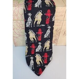 Vintage Ralph Marlin Men's Necktie Fireman Dogs And Hydrants 1995 57" x 4" Silk